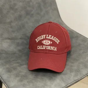 Detail of burgundy cotton baseball cap featuring California Rugby League embroidery