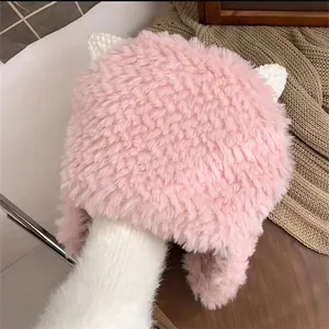 Women Winter Plush Earflap Hat Cute Animal Lamb Horn Korean Style Thickened Warm Windproof Trapper Hat For Outdoor Wear
