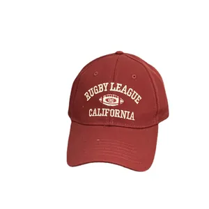 Burgundy cotton baseball cap with Rugby League California vintage embroidery on white backdrop