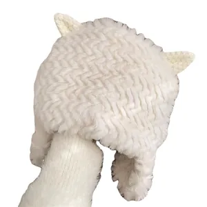Cute white plush sheep hat with ears, thickened warm winter earflap cap for women
