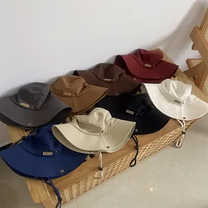 Women Casual Cotton Canvas Bucket Hat With Adjustable Windproof Rope Solid Color Fisherman Sun Hat For Outdoor Winter Travel