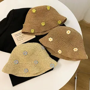 Women Summer Straw Bucket Hat Breathable Hand Woven Sun Protection Hat With Crochet Daisy Flower For Beach Vacation
