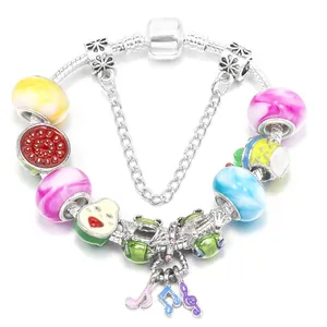 DIY Charm Bracelet With Colorful Glass Beads Enamel Fruit Music Note Pendants Alloy Snake Chain Bracelet Jewelry Gift