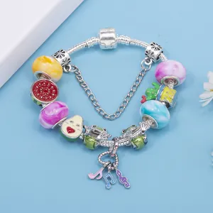 DIY colorful charm bracelet with fruit and music pendants on silver plated snake chain