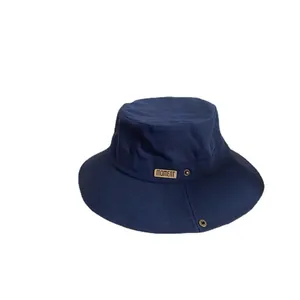 Classic navy blue bucket hat with MOMENT leather label and wide stitched brim