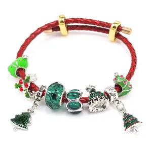Bracelet de Noël réglable en cordon rouge avec charms sapin vert et perle MERRY