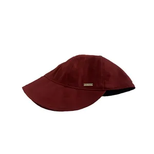 Deep burgundy wool felt cloche hat for women with minimalist golden metallic side branding
