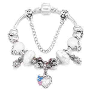 Bracelet à Charmes Halloween Lumineux Crâne Cœur Papillon Alliage Plaqué Argent Strass Bijoux Style Européen Femme Cadeau