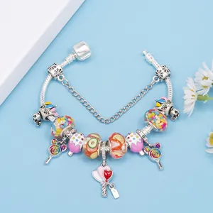 Rainbow lollipop beaded charm bracelet with colorful glass beads and silver snake chain