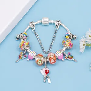 Charming silver snake chain bracelet with colorful glass beads and lollipop charms