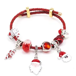 Bracelet de Noël tressé rouge avec Père Noël et breloques émaillées festives