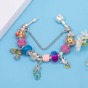 Pulsera de cadena de serpiente plateada DIY con dijes coloridos y cuentas con patrón de frutas