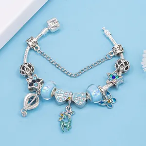 Blue reindeer beaded charm bracelet with silver snake chain and heart pendants