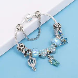 Silver beaded bracelet with blue unicorn, hot air balloon, and Love You heart charms