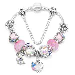 Bracciale con Ciondoli a Perline DIY per Donna Catena a Serpente Argento Cuore Farfalla Smalto Pendente Gioielli Regalo