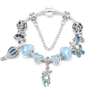DIY Charm Bracelet With Reindeer Pendant Blue Glass Beads Heart Star Charms Snake Chain Bracelet For Women Christmas Gift