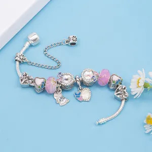 Elegante bracciale stile Pandora in argento con charm rosa e ciondolo a cuore