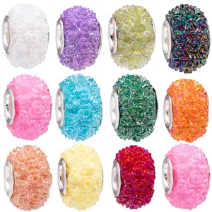 Cuentas de Charm Europeo de Agujero Grande de Resina Flor de Rosa Para Hacer Joyas Accesorios de Pulsera DIY Con Núcleo de Metal Cuentas de Relieve Iridiscentes