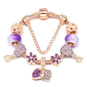 Charm Armband Für Damen Roségold Lila Glasperlen Emaille Blumen Herzanhänger Schlangenkette Schmuck Geschenk