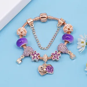 Roségoldenes Schlangenarmband mit lila Glasperlen und Herzanhänger For My Mother
