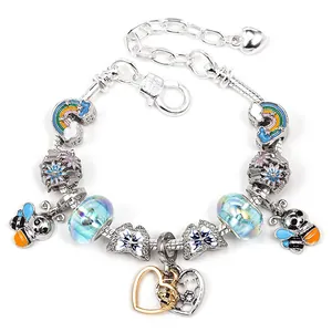 DIY Little Bee Heart Beaded Charm Bracelet For Kids Girls Silver Tone Snake Chain Rainbow Blue Glass Beads Jewelry Gift