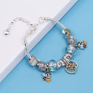 DIY silver snake chain bracelet with bee charms and blue beads for children
