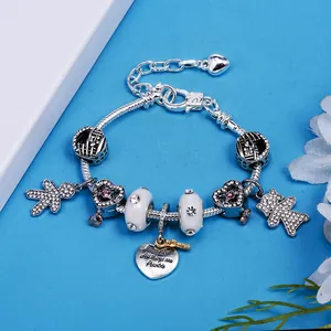 Romantic silver beaded snake chain bracelet with pink heart charms and heart engravings