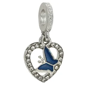 Silver heart charm with blue enamel butterfly and pavé crystals for charm bracelets