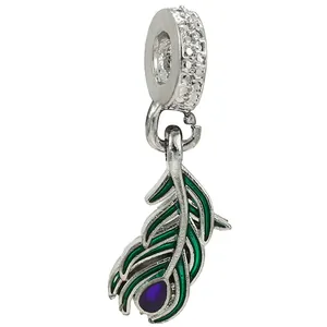 Green peacock feather pendant with purple gemstone for DIY charm bracelets