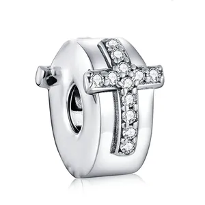 Polished silver charm bead with micro-pave zircon cross design for DIY bracelets
