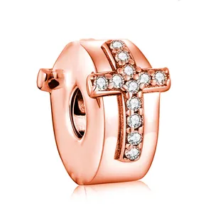 Rose gold plated cross charm with sparkling crystals for DIY bracelet jewelry