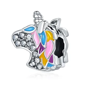 Silver unicorn charm with colorful enamel and cubic zirconia for beaded bracelets