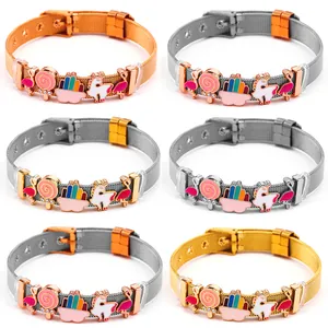 Cartoon Mesh Bracelet Stainless Steel Wire Charm Bracelet With Flamingo Unicorn Rainbow Cake Charms For Women Girls Jewelry