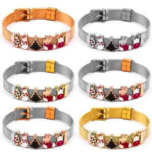 Edelstahl Weihnachten Mesh Armband Mit Emaille Schneemann Rentier Baum Anhänger Verstellbare Milanaise Feiertags Schmuck Geschenk
