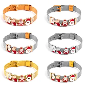 Christmas Santa Claus Enamel Charms Stainless Steel Mesh Strap Bracelet Adjustable Milanese Hand Jewelry For Men Women Festive Gift