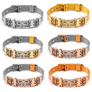 Bracelet en Maille d'Acier Inoxydable Avec Breloques Nœud en Strass Cœur Garçon Fille Bracelet Ajustable Bijoux pour Femmes