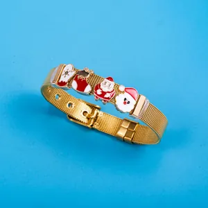Adjustable golden stainless steel mesh bracelet with festive Santa Claus and glove beads