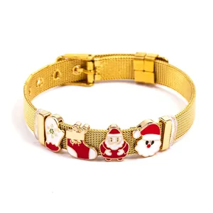 Golden mesh strap bracelet with Christmas charms including Santa Claus and festive socks
