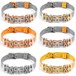 Adjustable Stainless Steel Mesh Watch Band Bracelet With Rhinestone Cross Infinity Bow Charms Women Men Jewelry Gift