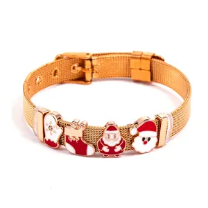Adjustable golden stainless steel mesh bracelet with Christmas Santa and snowflake charms