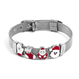 Adjustable stainless steel mesh bracelet with Santa Claus and Christmas stocking charms