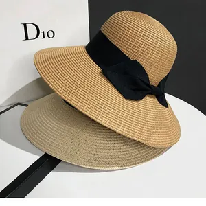 Chapeau de soleil en paille à large bord pour femme avec nœud pour plage et vacances d'été