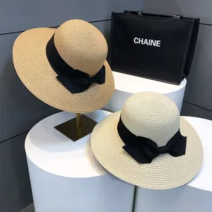 Chapeau de Paille à Large Bord pour Femme Avec Nœud en Satin Élégant Protection UV pour Vacances à la Plage Chapeau d'Été Femme
