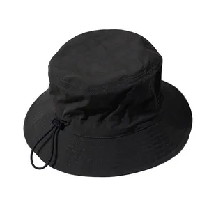 Adjustable black bucket hat with drawstring made of quick-dry fabric for outdoor use