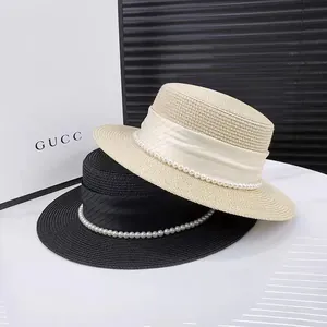 Elegant French Boater Straw Hat With Artificial Pearl Satin Ribbon Decor Wide Brim Sun Protection Beach Vacation Hat For Women