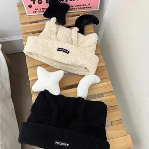 Women Winter Plush Knitted Beanie Hat Cute Cartoon Ear Protection Cap With Star Moon Decor Faux Lamb Wool Warm Headwear