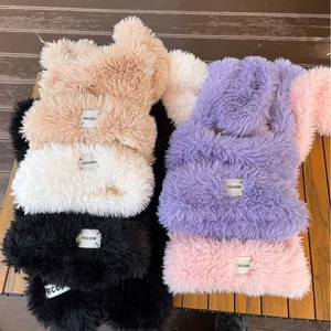 Women Winter Cute Bunny Ears Hooded Scarf Hat Faux Fur Plush Earflap Hat Warm Thick Scarf For Outdoor Cold Weather