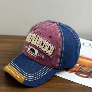 Casquette San Francisco en denim patchwork bleu marine et bordeaux style vintage