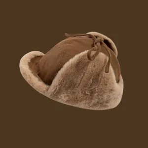 Winter thermal trapper hat with faux fur lining and ear flaps in dark brown