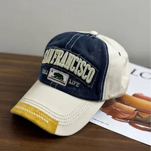 Casquette baseball rétro SAN FRANCISCO brodée en denim avec visière en daim jaune chiné